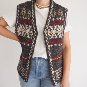 Vintage St John's Bay Grey Knit 8% Wool Grandma Button Up Sweater Vest L